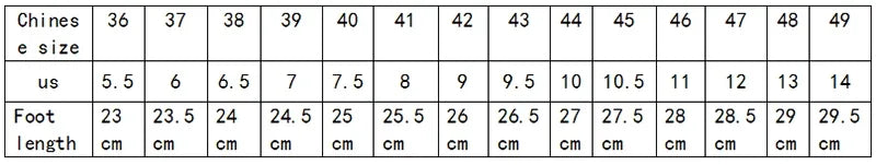 Table displaying shoe size conversions from Chinese to US and foot length measurements in centimeters.