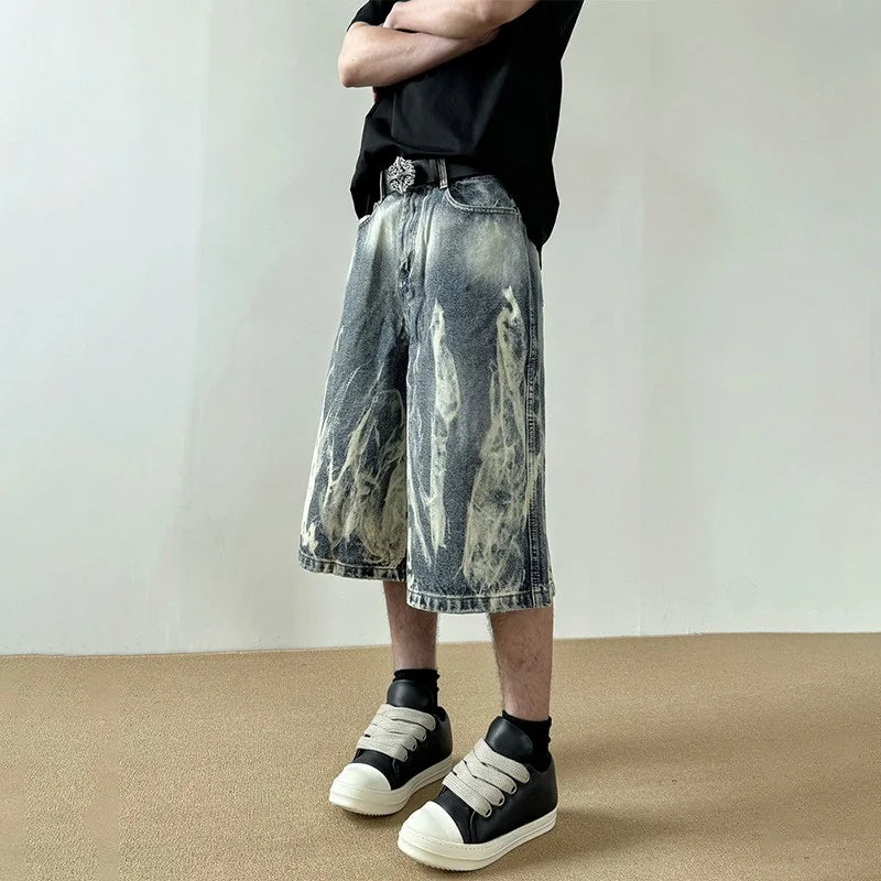VOIDWEAR VDR_VANISH_08 Flare flame graphic baggy denim shorts, washed Y2K streetwear style, patch pockets, signal glyph