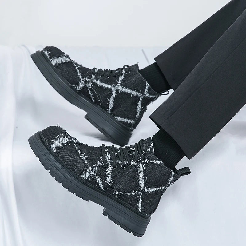 VOIDWEAR SIGNAL_VANISH_07 ☰ high-top split leather loafers with slip-on design, breathable build, and shadow-motion streetwear aesthetic