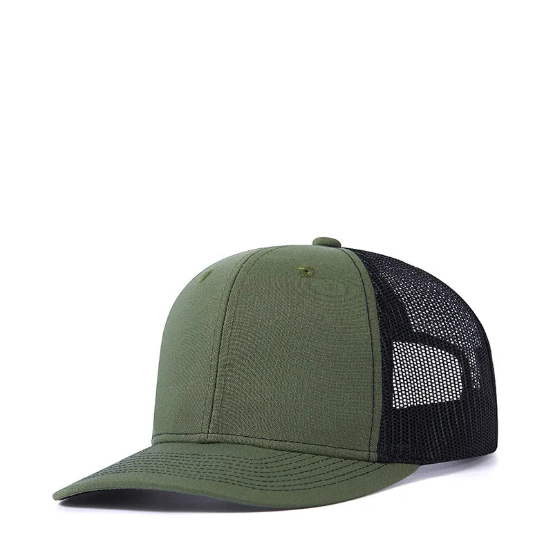Unisex camouflage cotton dome cap with wide brim and adjustable strap, vanish-core streetwear hat by VOIDWEAR Green and black mesh cap on a white background