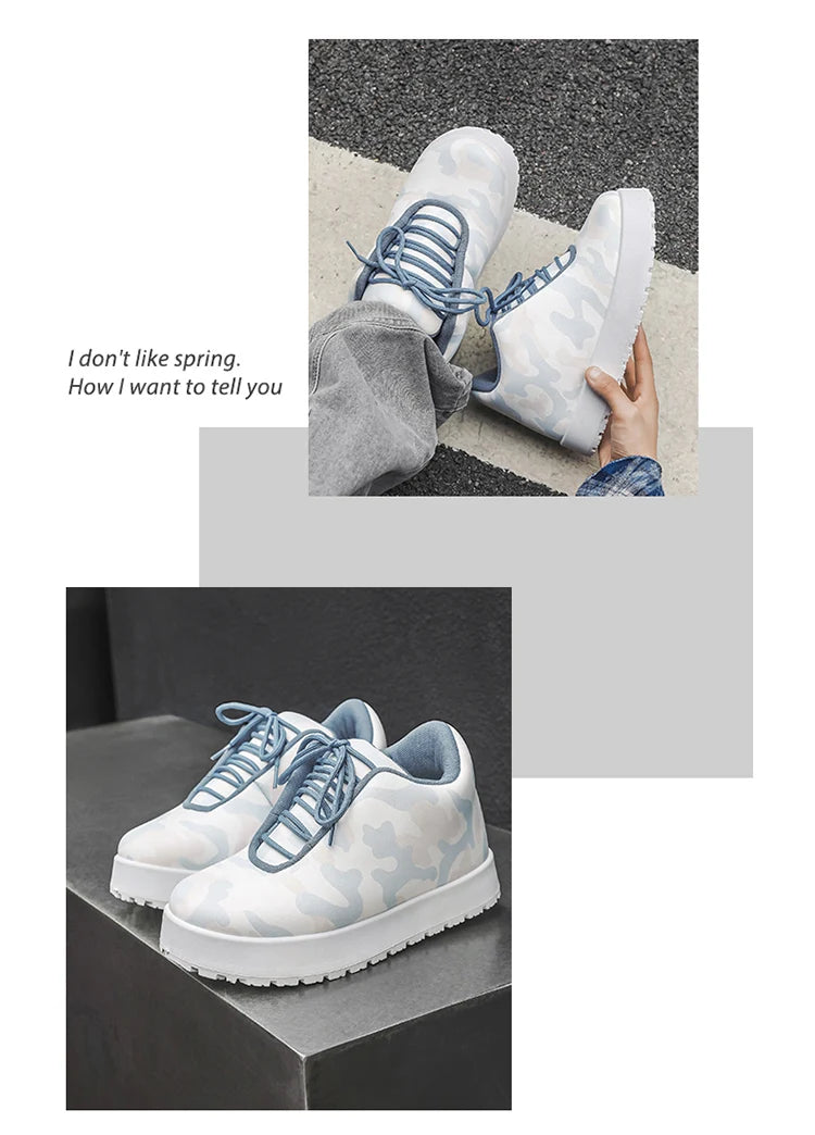 VOIDWEAR CODE_SYSTEM_07 ⚔️-Skylblue camo chunky sneaker-style boots shown on a city street in winter, highlighting the microfiber leather upper and thick platform sole.