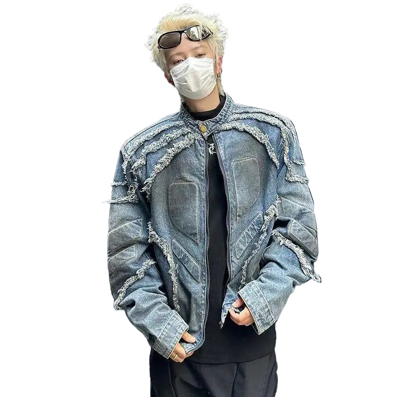VOIDWEAR VDR//VANISH_05 denim motorcycle jacket with tassel shoulders and ritual glyph embroidery, styled for U.S. and EU streetwear culture.