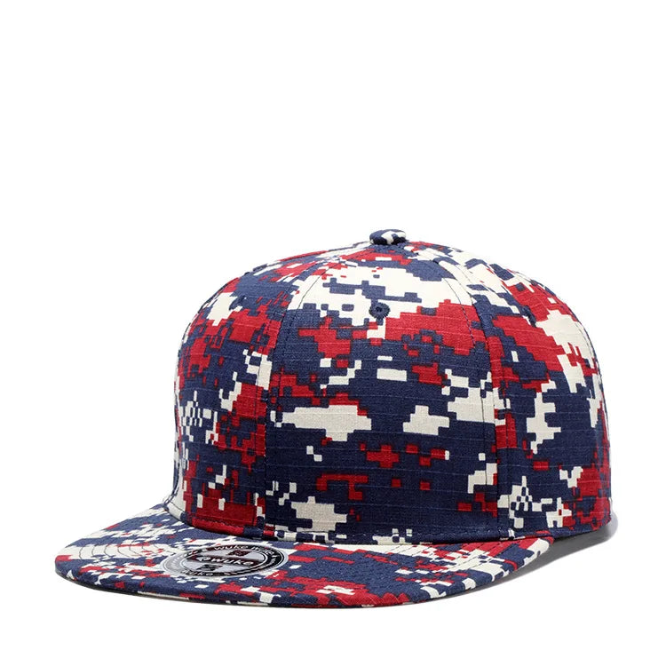 Unisex camouflage cotton dome cap with wide brim and adjustable strap, vanish-core streetwear hat by VOIDWEAR. Camouflage-patterned cap with red, blue, and white colors on a white background