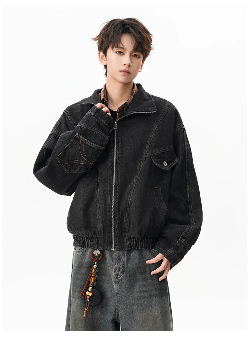 VOIDWEAR VDR_SIGNAL_07 denim jacket washed vintage deconstructed stand collar, men’s autumn winter streetwear USA EU