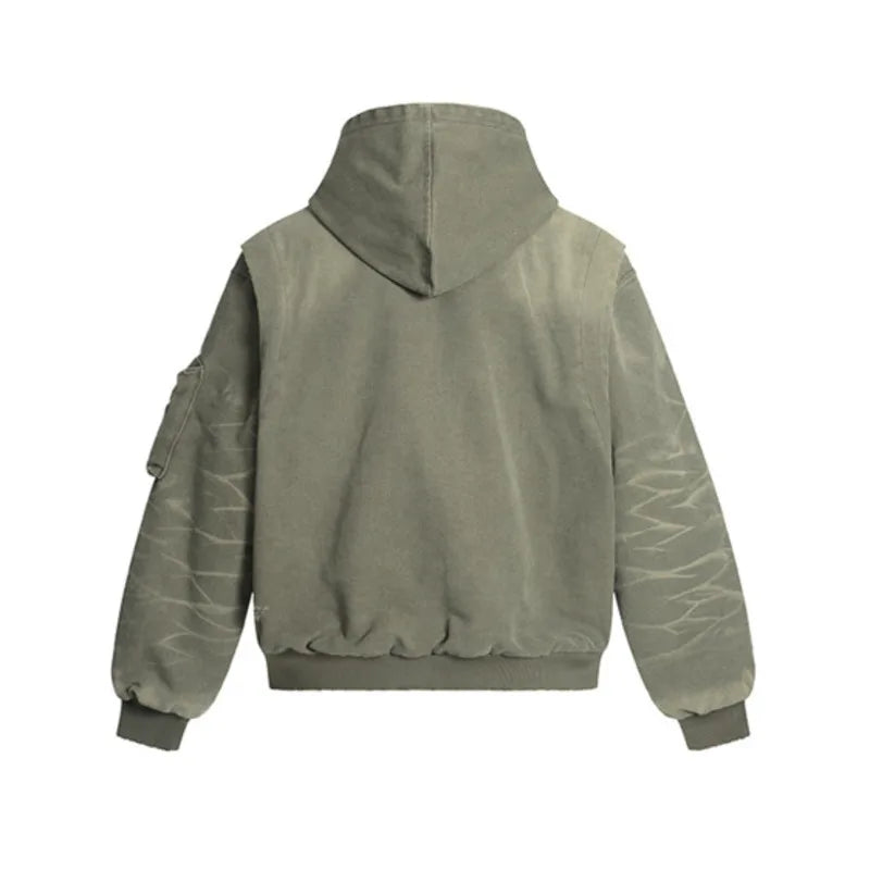 VOIDWEAR VDR_SIGNAL_07 ritual-coded autumn men’s jacket with washed worn-out finish, deconstruction holes, and sleeve glyph