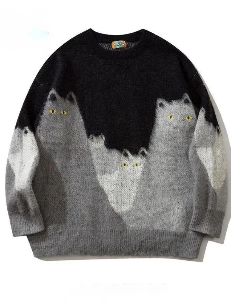 VOIDWEAR SHADOW_CAT_09 oversized knit sweater with cartoon cat graphic and glyph sleeve, streetwear pulloverSweater with wolf design on a white background