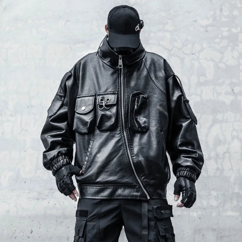 VOIDWEAR VDR_VANISH_09 multi-pocket PU leather tactical jacket in punk techwear style, autumn/winter streetwear silhouette