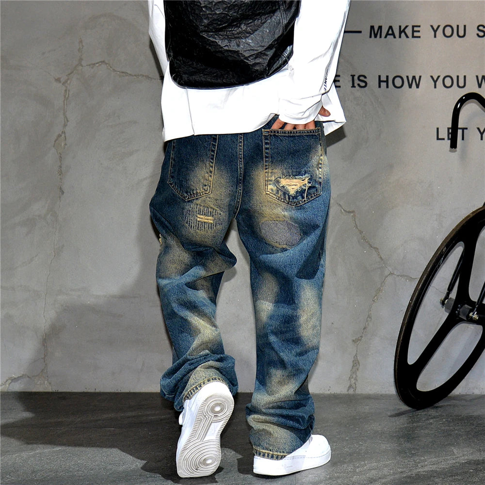 VOIDWEAR VDR_VANISH_05 ☰ baggy ripped patch jeans with distress wash, hip hop fit, ritual-coded glyph embroidery