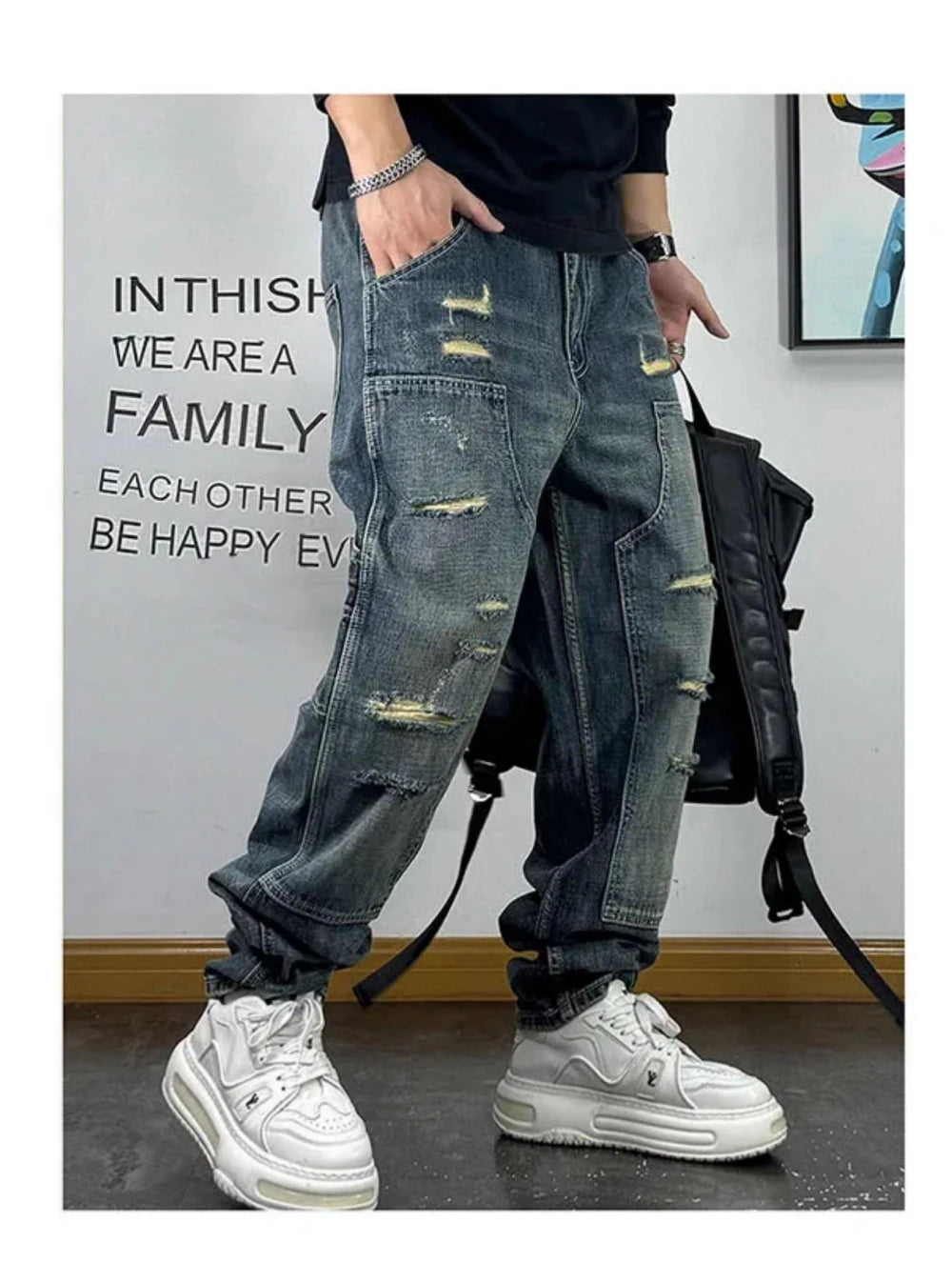 VOIDWEAR VDR_VANISH_05 ☰ ripped patch cargo jeans, distressed midweight denim, loose streetwear silhouette, glyph embroidery