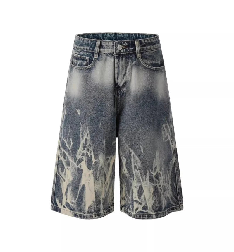 VOIDWEAR VDR_VANISH_08 Flare flame graphic baggy denim shorts, washed Y2K streetwear style, patch pockets, signal glyph
