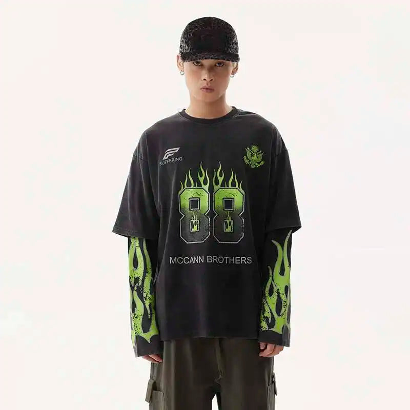 VOIDWEAR VDR_SIGNAL_28W5039 ☰ washed long sleeve, fake two-piece layered shirt, ritual-coded glyph design