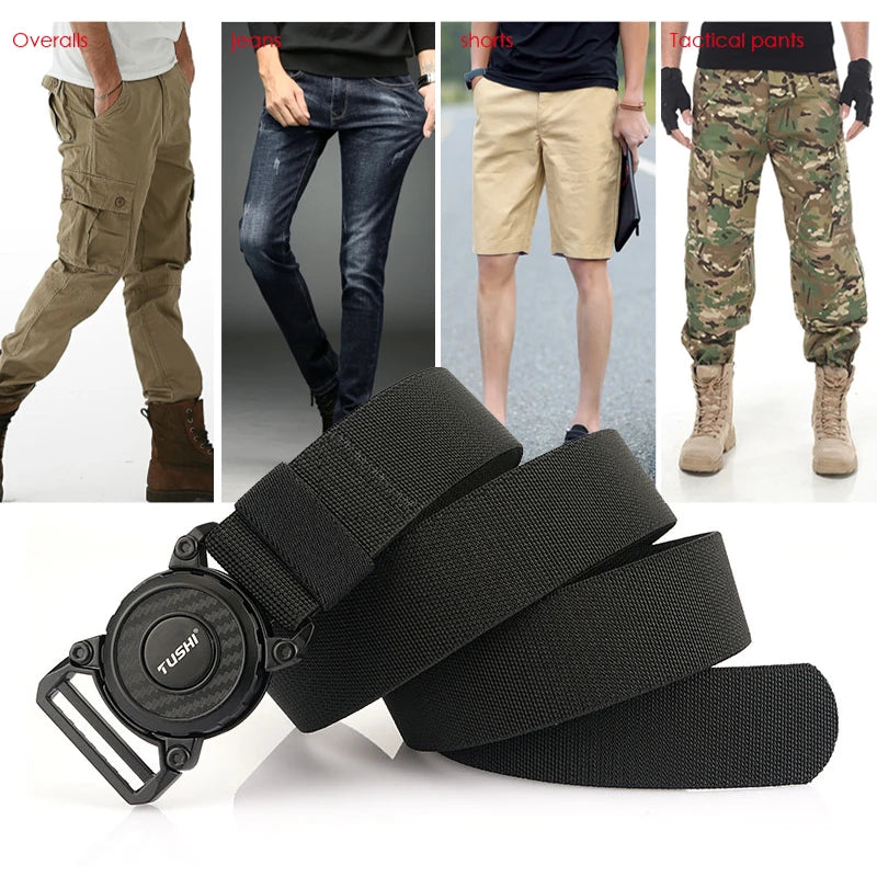 Black belt with a circular buckle displayed in front of images of different pants. VOIDWEAR SIGNAL_ROTATE_75 zinc alloy rotating clasp tactical streetwear belt with elastic polyester strap for urban and outdoor adaptability