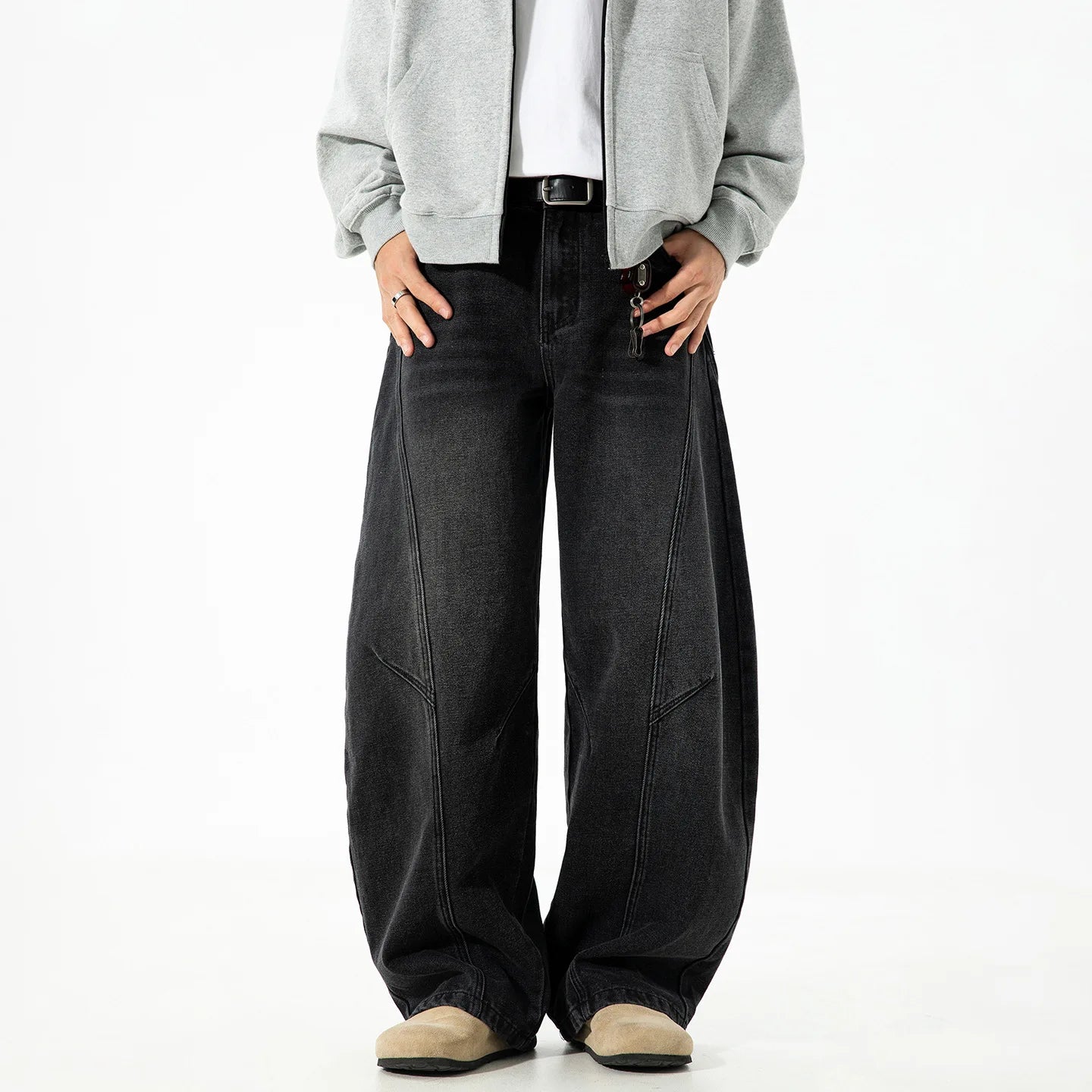 VOIDWEAR VDR_VANISH_SPLIT ☰ curved split distressed jeans, light wash, loose streetwear silhouette, coded glyph tab