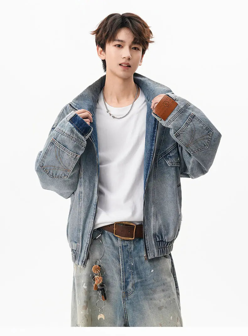 VOIDWEAR VDR_SIGNAL_07 denim jacket washed vintage deconstructed stand collar, men’s autumn winter streetwear USA EU