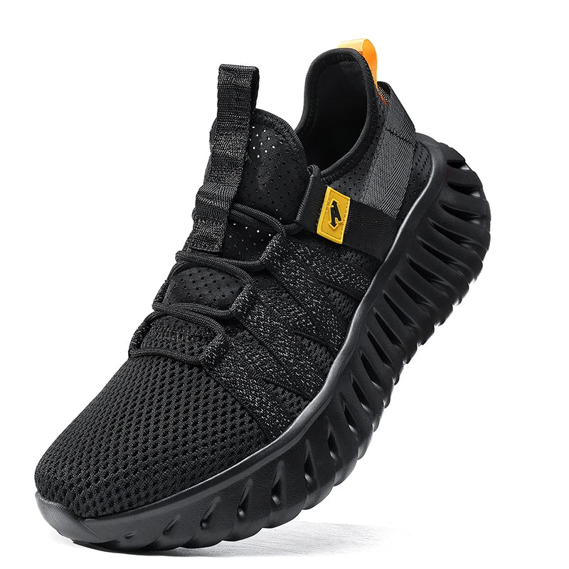 VOIDWEAR SIGNAL_RUN_09 ☰ men’s breathable air mesh running shoes with Flywire tech and EVA sole, ritual-inspired streetwear sneakers. Black sneaker with a yellow tag on a white background
