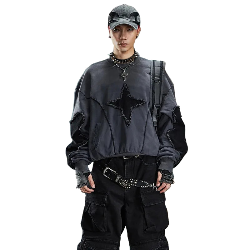VOIDWEAR SIGNAL_BURR_07 ☰ long sleeve worn in Berlin underpass; star patchwork visible across chest, matte lighting accentuating texture