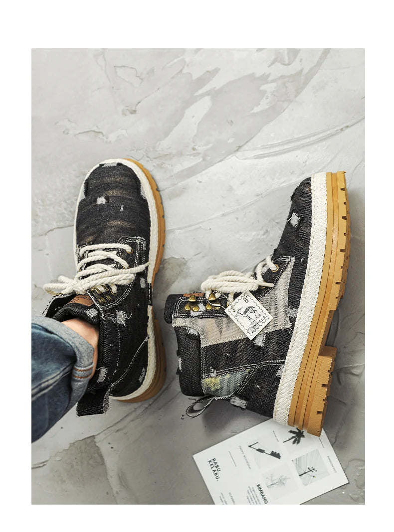 VOIDWEAR SIGNAL_VANISH_07 ☰ men’s black denim and leather ankle boots with lace-up closure, ankle strap, and ritual-inspired streetwear design