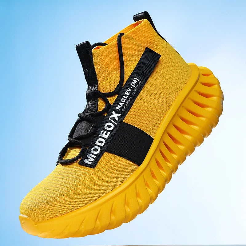 VOIDWEAR SIGNAL_VANISH_07 mesh sneakers, lightweight breathable techwear-inspired streetwear shoes with ankle wrap design. YellowModeox sneaker with black accents on a light blue background