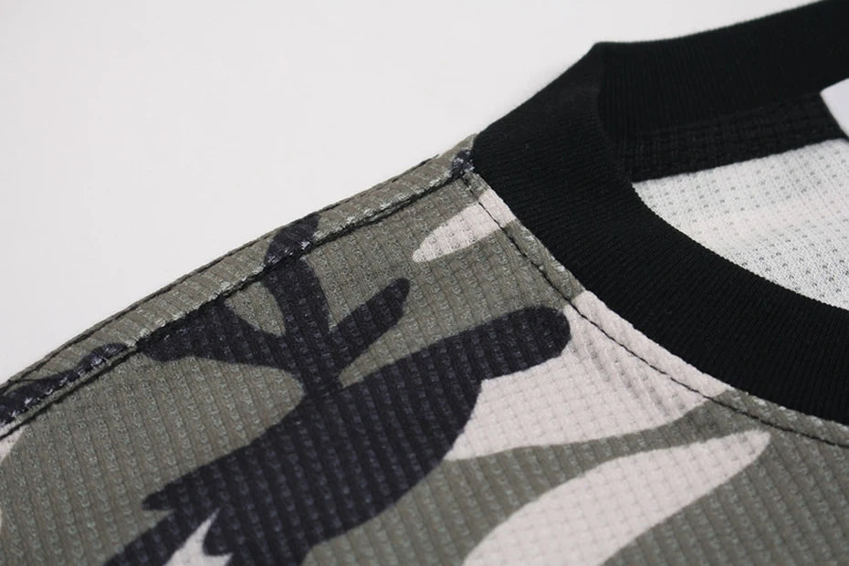 VOIDWEAR oversized camo tee with glyph and vanish-mode hood, 100% cotton, streetwear long sleeve