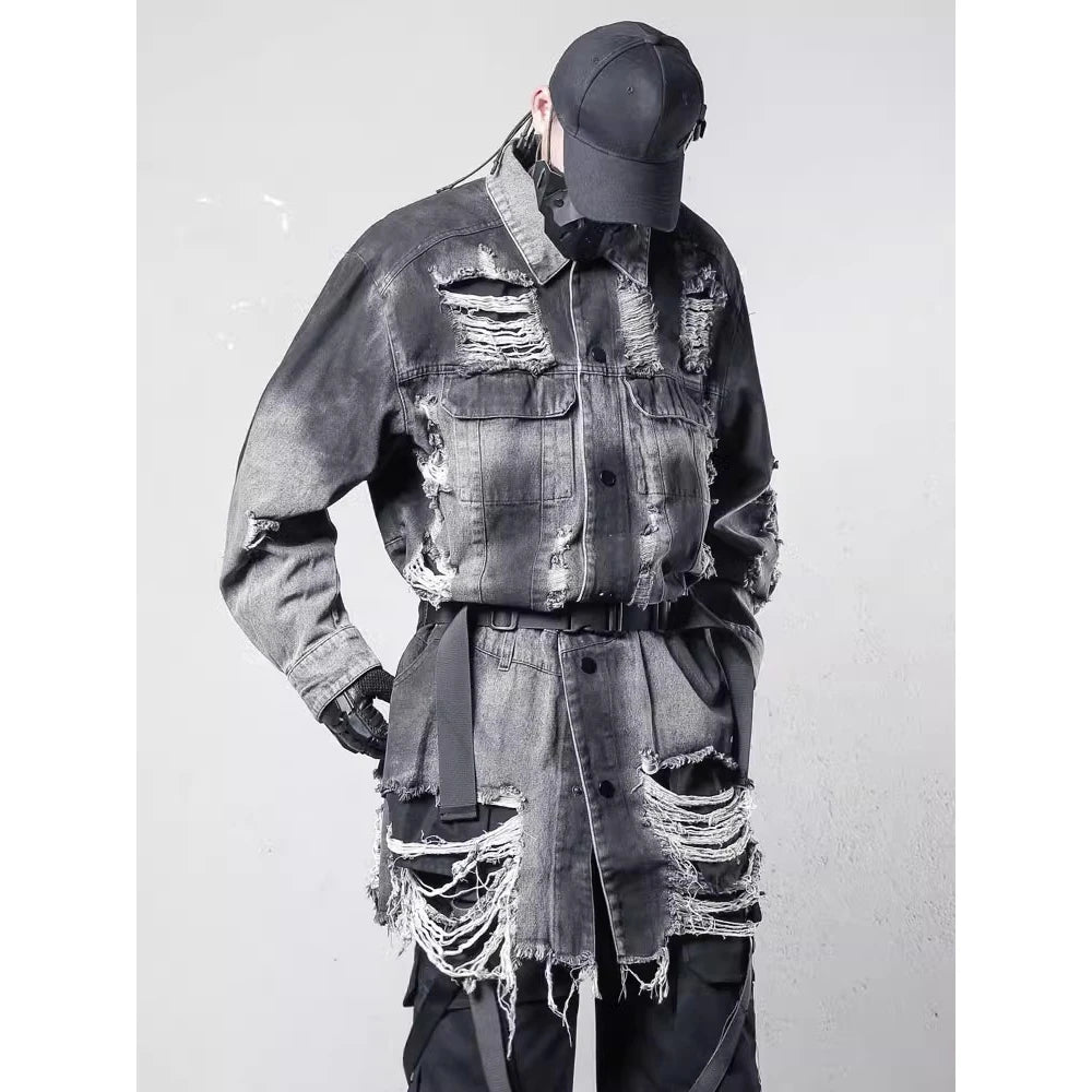 VOIDWEAR VDR_SIGNAL_07 Ritual Jacket — distressed long denim coat with ripped holes, glyph detailing, and loose high-street fit.