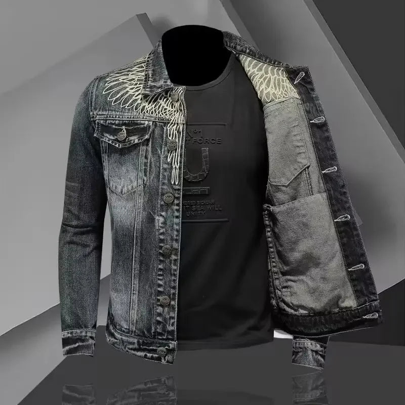 VOIDWEAR SIGNAL_FRAME_07 ☰ slim-fit denim jacket shown in Seoul night street scene, minimalist structure visible under urban light