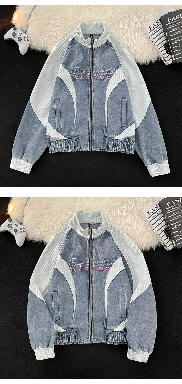 VOIDWEAR VDR_VANISH_PATCH ⚑ patchwork denim bomber jacket with glyph embroidery, worn-out texture, streetwear outerwear