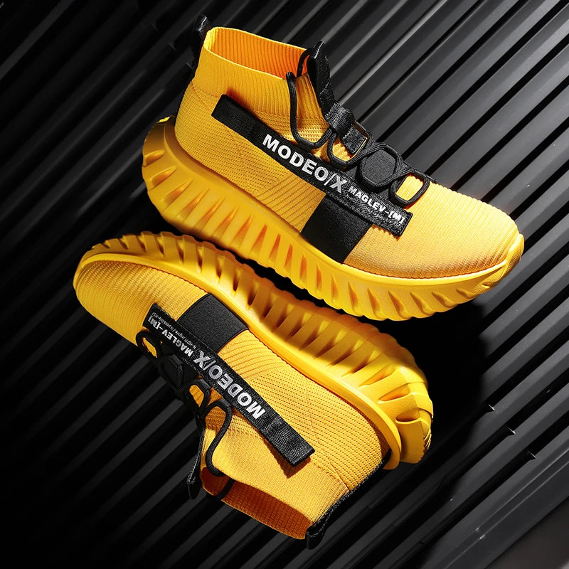 VOIDWEAR SIGNAL_VANISH_07 mesh sneakers, lightweight breathable techwear-inspired streetwear shoes with ankle wrap design. Yellow sneakers with black straps on a black textured background