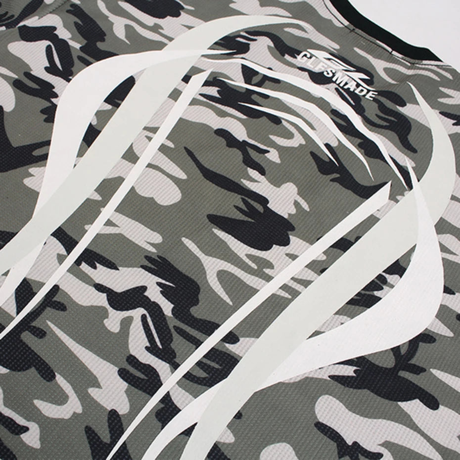 VOIDWEAR oversized camo tee with glyph and vanish-mode hood, 100% cotton, streetwear long sleeve