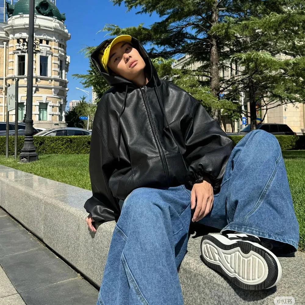 VANISH_06 ☰ Black PU Hooded Windbreaker