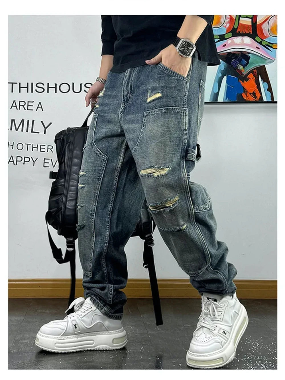 VOIDWEAR VDR_VANISH_05 ☰ ripped patch cargo jeans, distressed midweight denim, loose streetwear silhouette, glyph embroidery