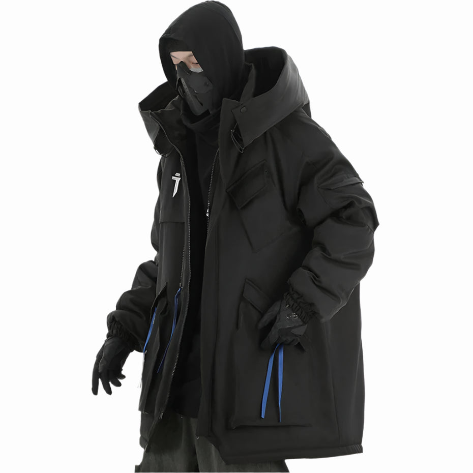 BLACK VOIDWEAR VANISH_OPS_07 oversized hooded tactical parka with thermal fill and multi-pocket design for winter streetwear in urban and outdoor settings