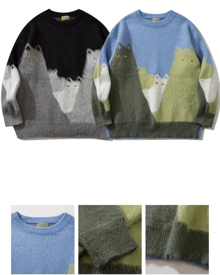 VOIDWEAR SHADOW_CAT_09 oversized knit sweater with cartoon cat graphic and glyph sleeve, streetwear pullover