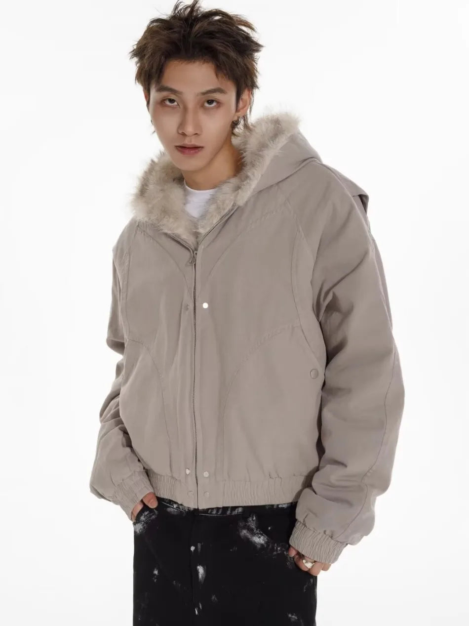 VOIDWEAR™ VDR_25 — a unisex oversized plush hooded jacketPerson wearing a beige jacket with fur hood on a white background