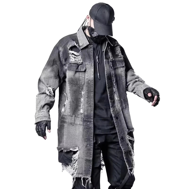 VOIDWEAR VDR_SIGNAL_07 Ritual Jacket — distressed long denim coat with ripped holes, glyph detailing, and loose high-street fit.