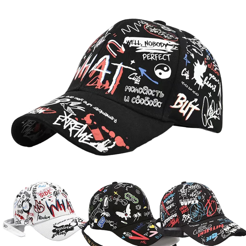 VOIDWEAR SIGNAL_VANISH_05 graffiti print cotton baseball cap with adjustable strap, designed for urban summer shadow-motion style. Black cap with colorful text and graphics, featuring the brand 'BILYCLUB'.
