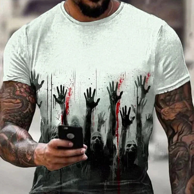 Man wearing a white t-shirt with a graphic design of raised hands and blood, holding a phone.