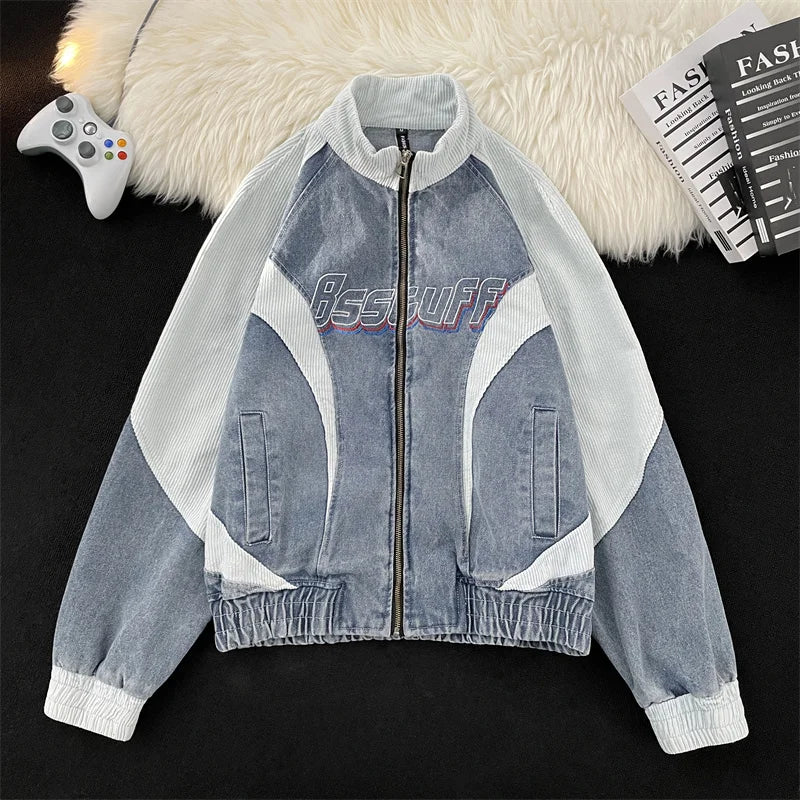 VOIDWEAR VDR_VANISH_PATCH ⚑ patchwork denim bomber jacket with glyph embroidery, worn-out texture, streetwear outerwear