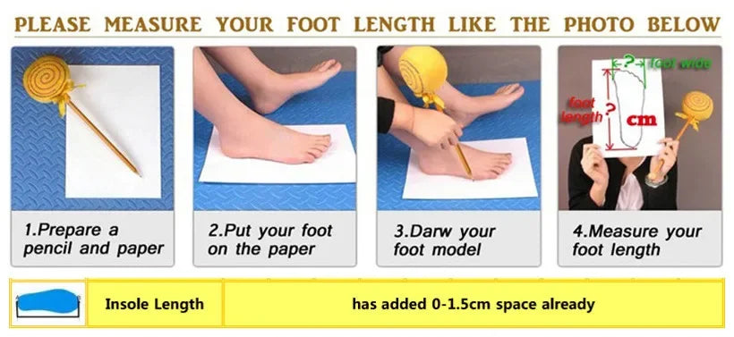 Step-by-step guide on measuring foot length with a pencil and paper.
