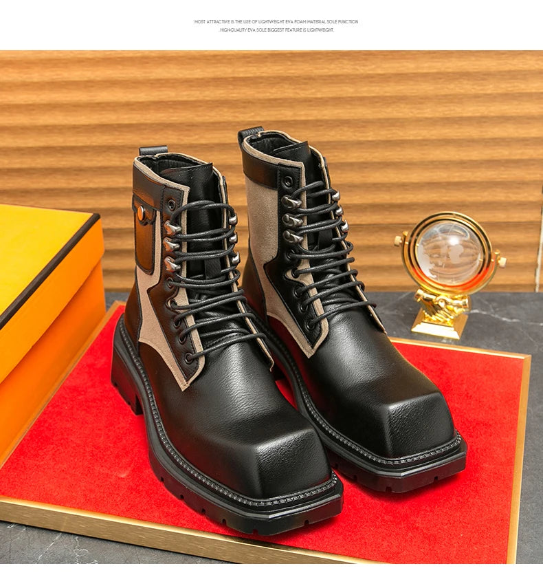 VDR_VANISH_05 punk motorcycle mid-calf boots in brown-black PU leather, styled for U.S. and EU urban streetwear