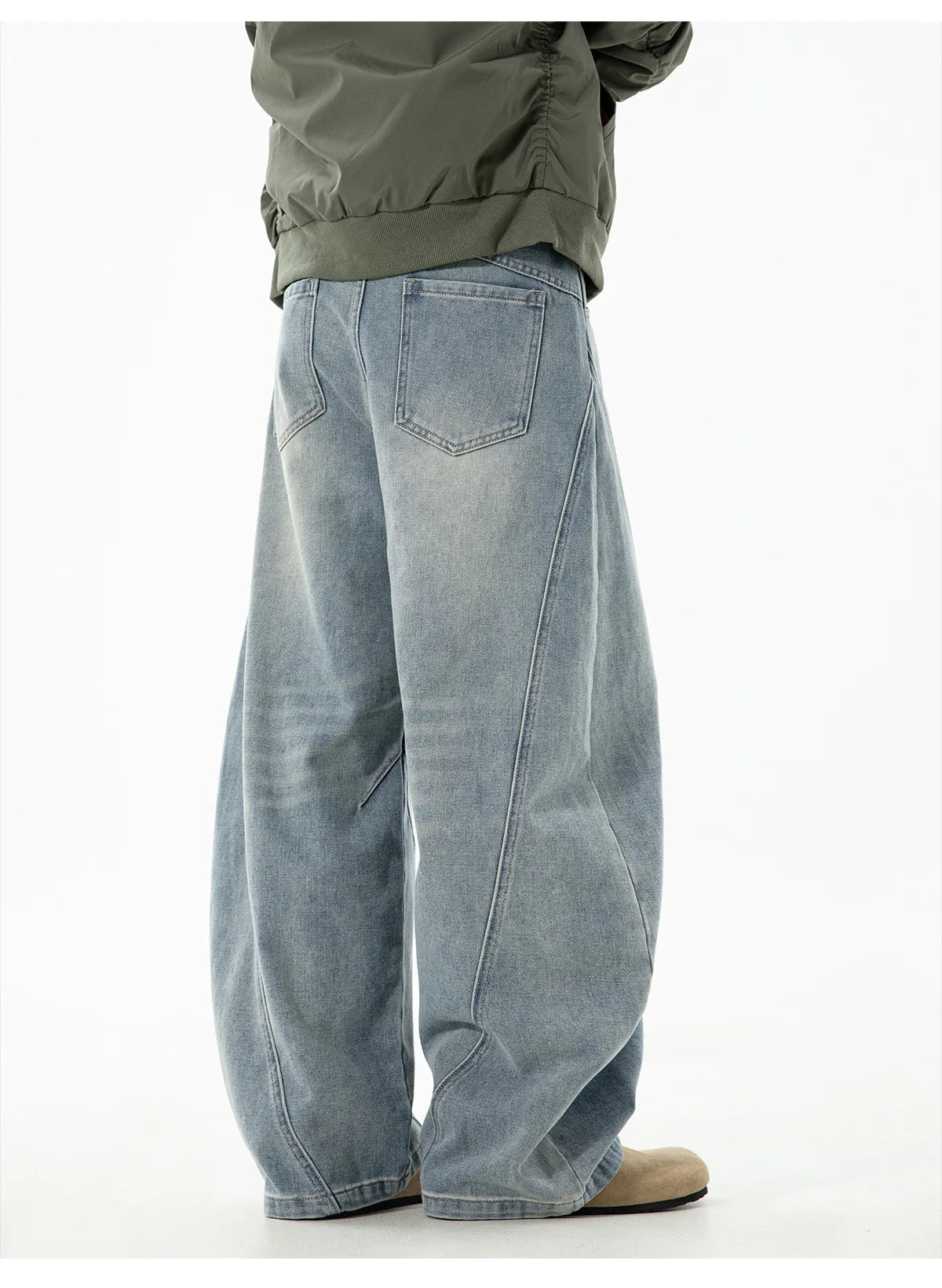 VOIDWEAR VDR_VANISH_SPLIT ☰ curved split distressed jeans, light wash, loose streetwear silhouette, coded glyph tab