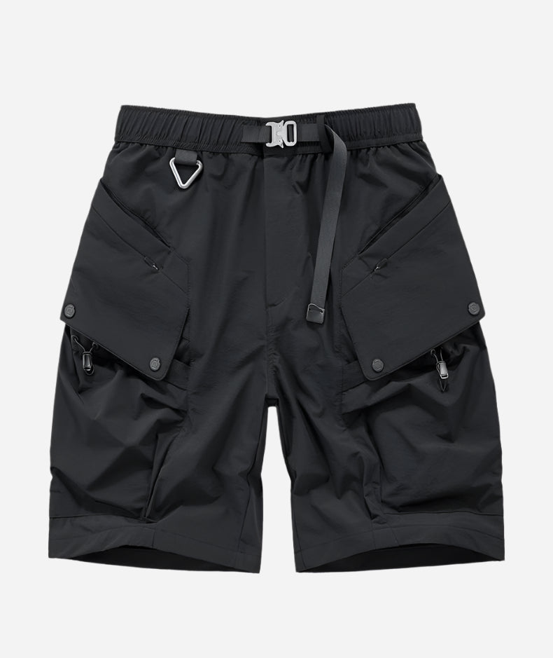 Minimalist high-street tech-cargo shorts with embedded signal glyph, vanish-mode stitching, and quick-dry nylon-spandex fit for men