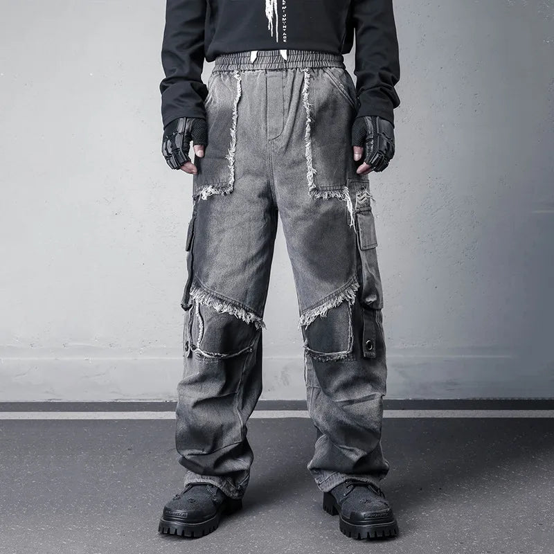 VOIDWEAR SIGNAL_THREAD_07 ☰ wide-leg denim jeans styled in Los Angeles street set, tie-dye pattern visible along heavy seam stitching