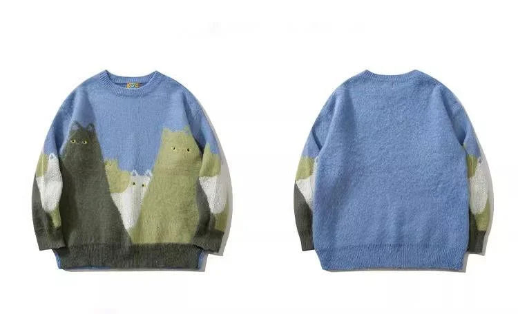 VOIDWEAR SHADOW_CAT_09 oversized knit sweater with cartoon cat graphic and glyph sleeve, streetwear pullover