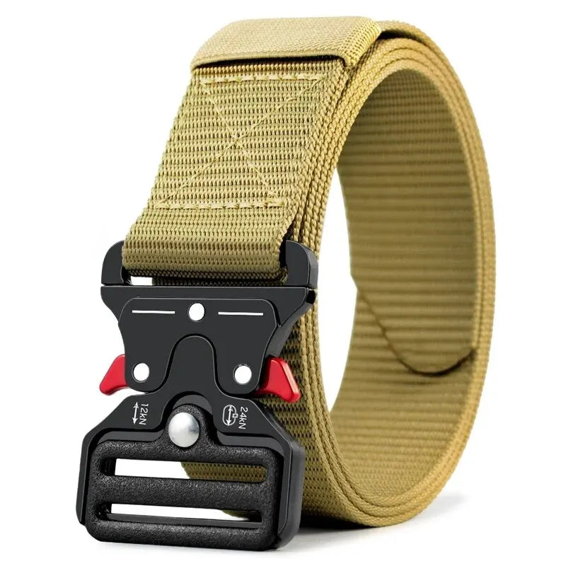 Khaki belt with a black buckle on a white background. Polyester-canvas street belt with motion-phase buckle and vanish-glyph edge design, built for urban and tactical versatility