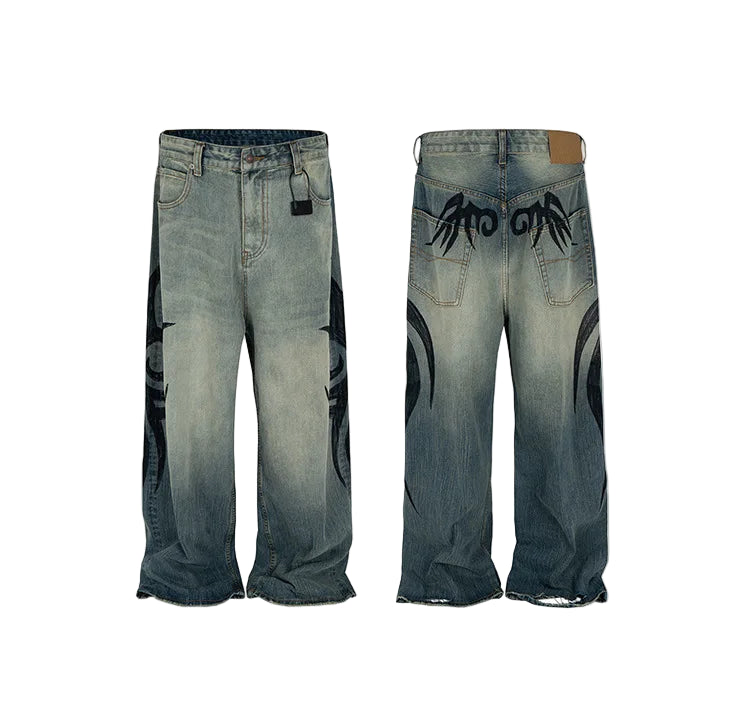 VOIDWEAR CODE_DISTRESS_09 ☰ distressed denim jeans with digital print texture, photographed on Hong Kong night street with neon reflection