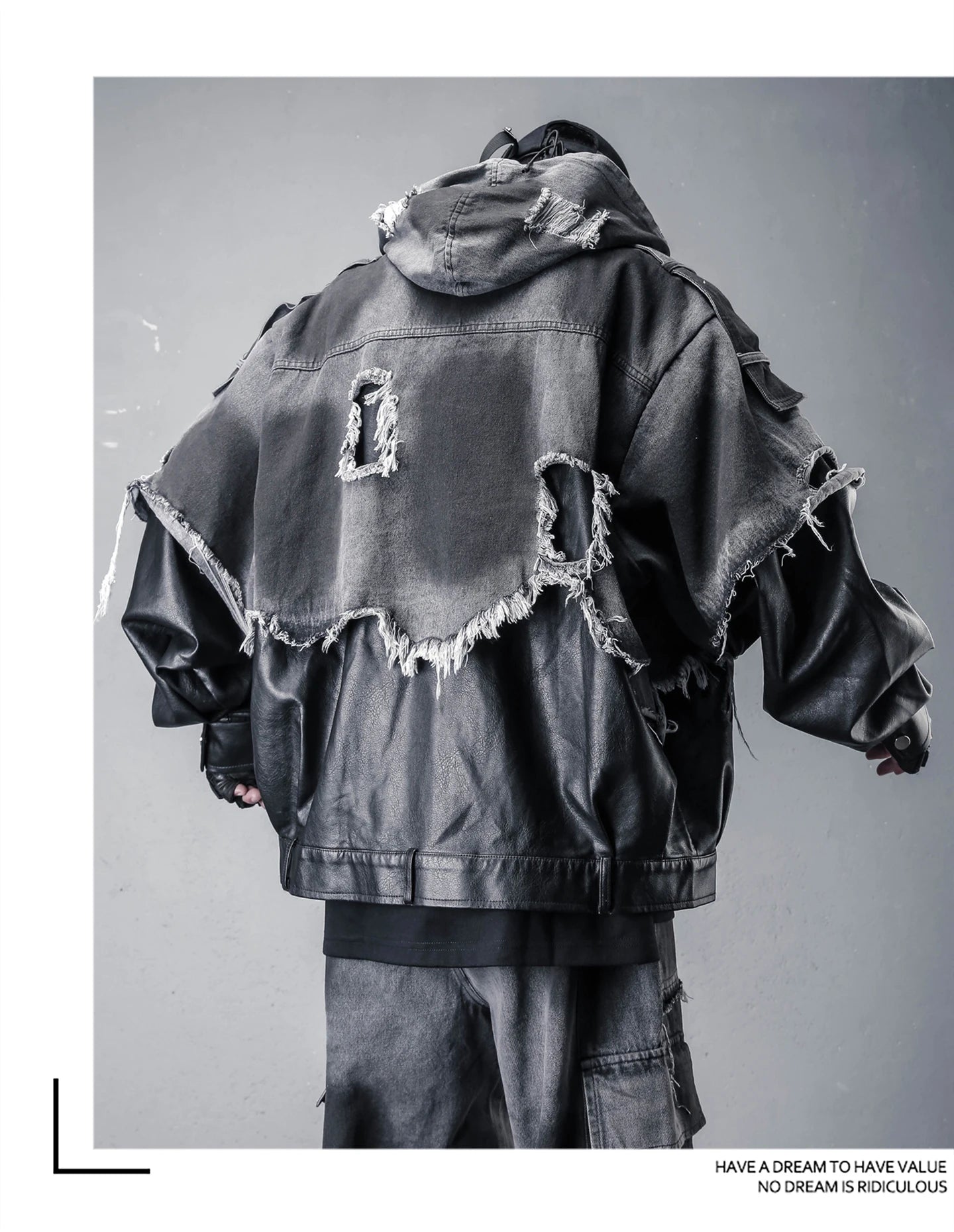 VOIDWEAR VDR_VANISH_05 jacket — ritual-inspired denim and PU leather techwear with vanish-mode hood and shadow-motion design