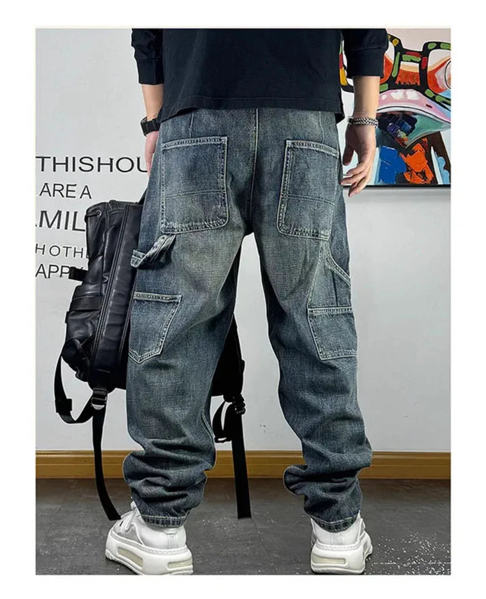 VOIDWEAR VDR_VANISH_05 ☰ ripped patch cargo jeans, distressed midweight denim, loose streetwear silhouette, glyph embroidery