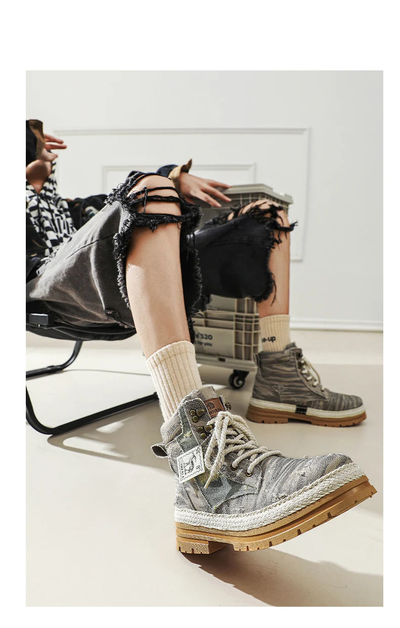 VOIDWEAR SIGNAL_VANISH_07 ☰ men’s black denim and leather ankle boots with lace-up closure, ankle strap, and ritual-inspired streetwear design