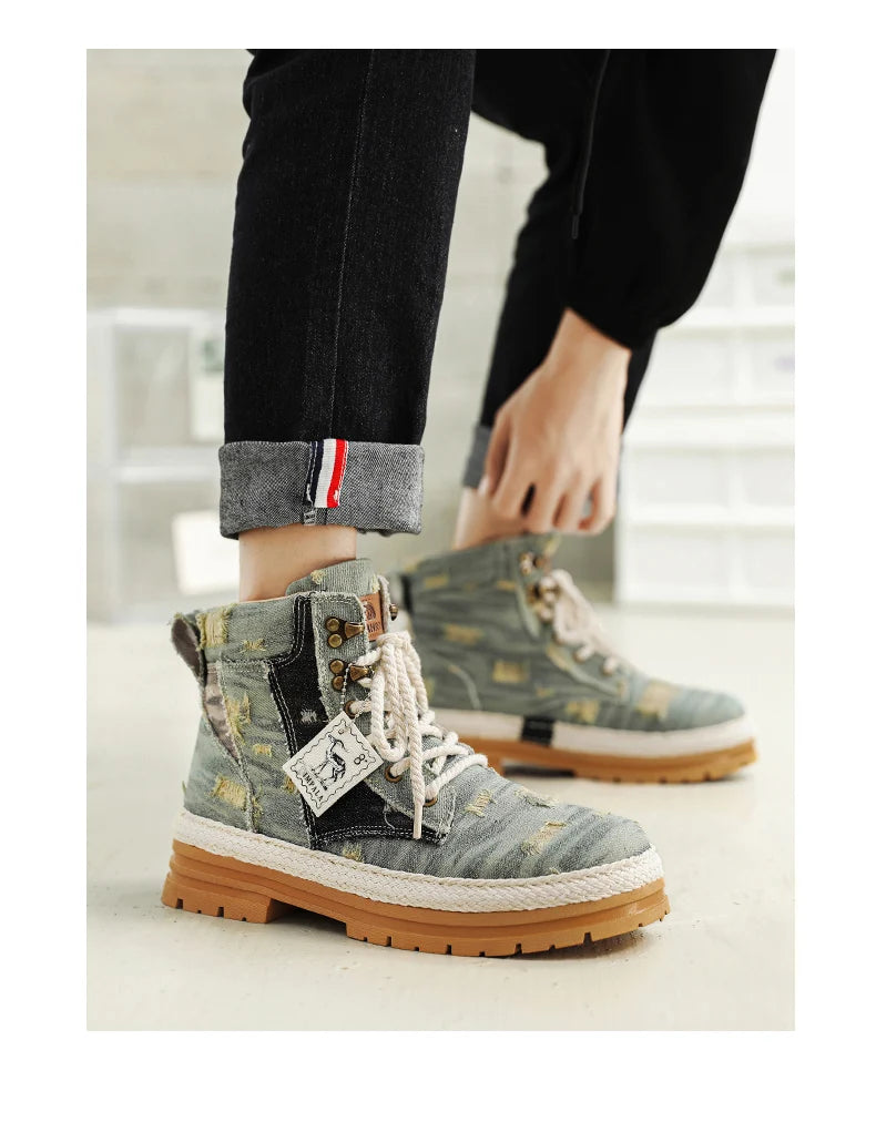 VOIDWEAR SIGNAL_VANISH_07 ☰ men’s black denim and leather ankle boots with lace-up closure, ankle strap, and ritual-inspired streetwear design