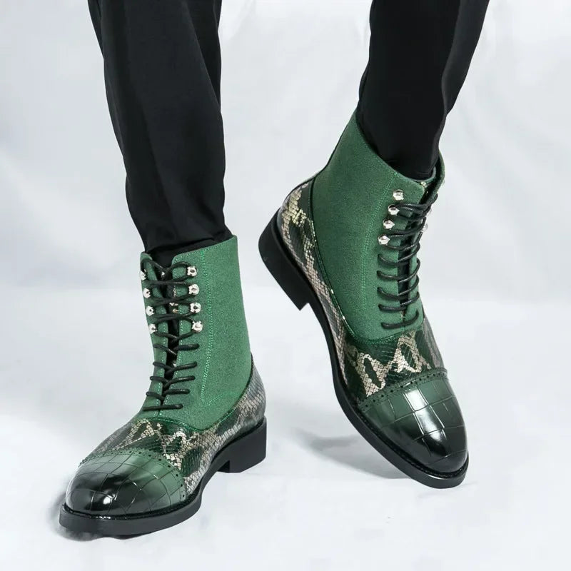 Green lace-up boots with patterned toe caps on a white background